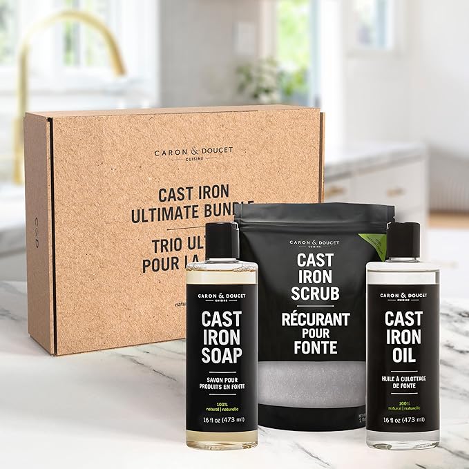 CARON & DOUCET – Ultimate Cast Iron Set PLUS: Seasoning Oil, Cleaning Soap & Restoring Scrub | 100% Plant-Based & Best for Cleaning Care, Washing, Restoring & Seasoning Skillets, Pans & Grills!