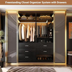 4FT Closet Systems with 5 Wood Drawers, 48 Inch Closet Organizer System with 2 Hanging Rods & 7 Shelves, Heavy Duty 48" Walk-in Closet, Black (48"L x 15" W x 80" H)