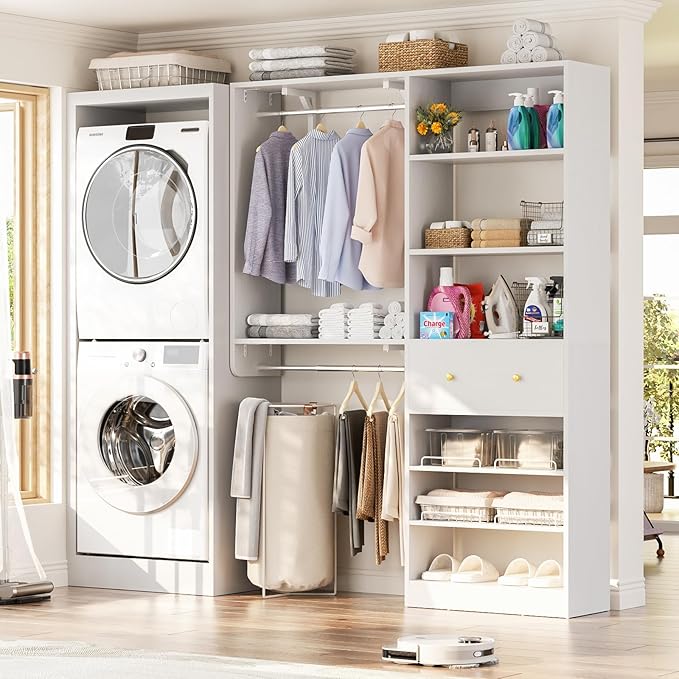 [10 FT Closet System] Reversible Set of 2 Wood Closet Organizer System with 2 Drawers, 4 Hanging Rods Adjustable Shelf, Walk In Closet Organizers with Shoe Rack, Garment Rack Clothes Rack, White