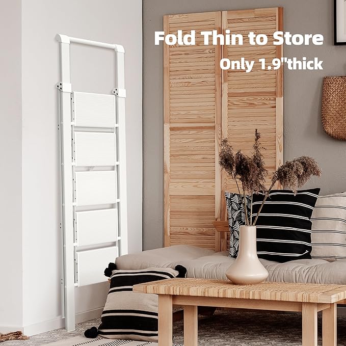 HillhutApex 5 Step Foldable Aluminum Step Ladder with Handgrip, Anti-Slip Pedal, 330 lbs Capacity, Lightweight & Portable for Home, Kitchen, Office, Garage (White)