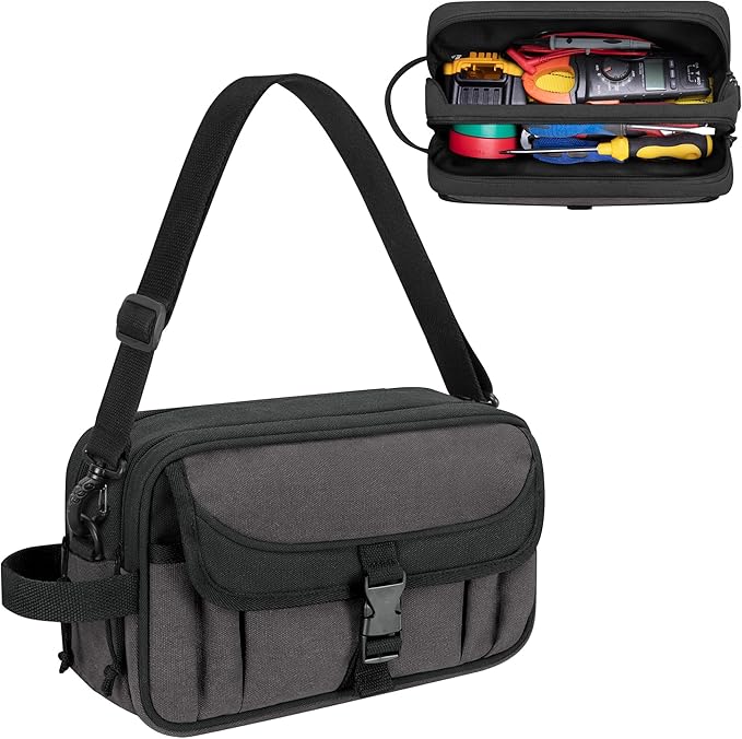 Small Canvas Tool Pouch with Zipper, 12 Inch Tool Organizer Bag, Double Layer Utility Storage Bag with Shoulder Strap for Electrician, Black/Gray (Empty Bag)