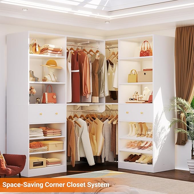 [10 FT Closet System] Reversible Set of 2 Wood Closet Organizer System with 2 Drawers, 4 Hanging Rods Adjustable Shelf, Walk In Closet Organizers with Shoe Rack, Garment Rack Clothes Rack, White