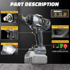 Cordless Impact Wrench 1000FT-LBS for Dewalt Battery, 1/2 inch Brushless Electric 1360N.m Impact Gun Includes LED Work Light, High Torque Impact Driver, Bare Tool Only