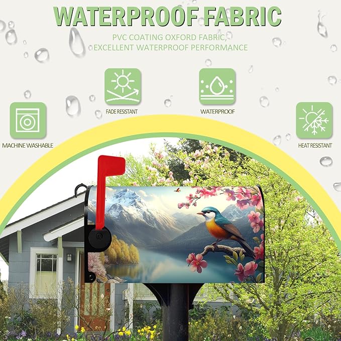 Spring Flowers Bird Mailbox Cover Magnetic Standard Size 21x18 Inch Spring Mountain Lake Mailbox Covers Floral Rustic Seasonal Mailbox Wraps Post Letter Box Decor for Garden Yard