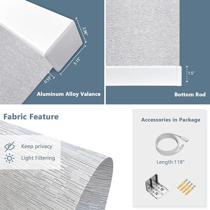 Motorized Blinds with Remote Cordless Automatic Motorized Shades Custom Blinds for Windows Smart Curtains Compatible with Alexa Google Home(Light Filtering Jacquard Grey,W29 x H72in)