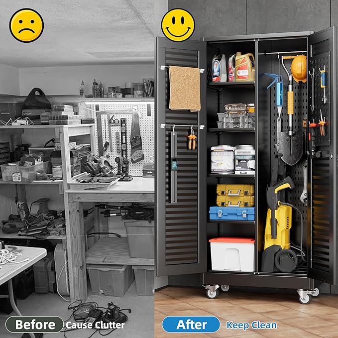 Garage Storage Cabinet with Wheels and 4 Shelves, Metal Broom Closet Storage Cabinet with Hanging Rod, Pegboard and 13 Hooks for Garage Home, Black, Assembly Required