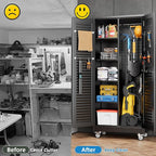 Garage Storage Cabinet with Wheels and 4 Shelves, Metal Broom Closet Storage Cabinet with Hanging Rod, Pegboard and 13 Hooks for Garage Home, Black, Assembly Required