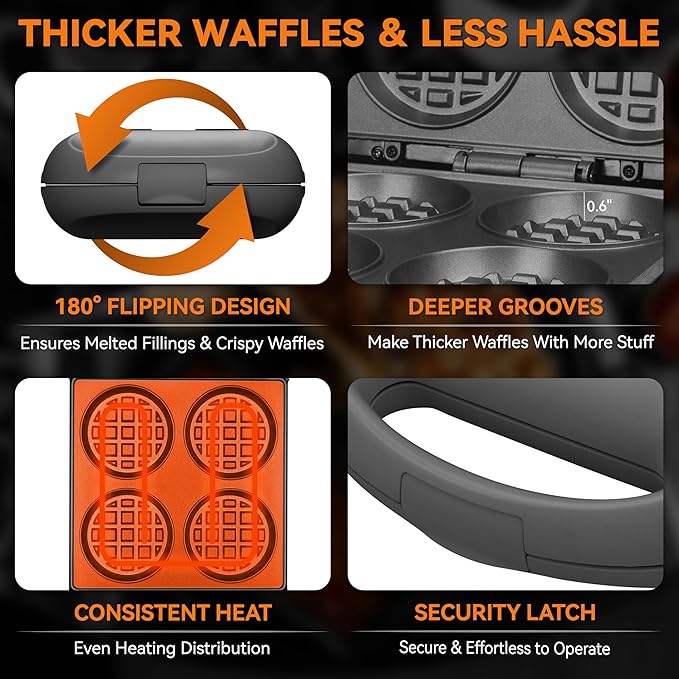 Baker's Friend Multi Stuffed Waffle Maker Thick, 4-Slice with 1.2'' Thick & 4'' Dia, Belgian Mini Waffle Maker Flip, Nonstick Breakfast Sandwich Maker, Stuffed Waffle Iron, Graphite
