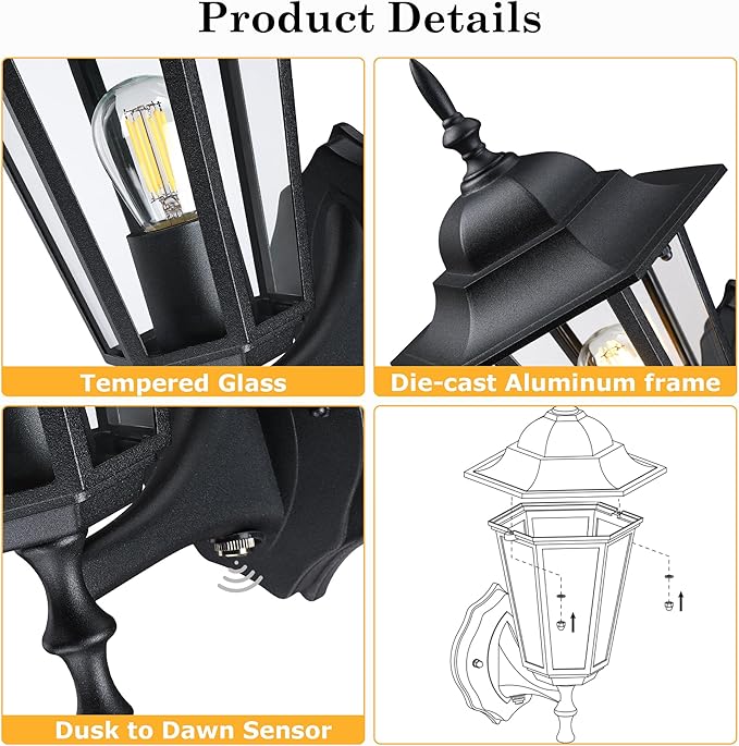 GRUENLICH Dusk to Dawn Outdoor Wall Sconce, Exterior Front Porch Lighting with Clear Glass, Black Aluminum Outside Coach Light for Patio Doorway Garage, 2 Pack