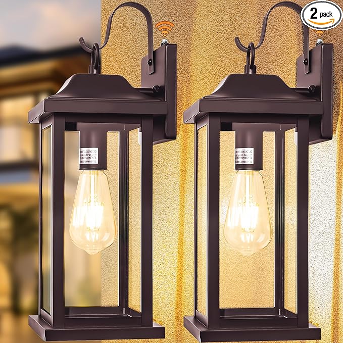 Dusk to Dawn Outdoor Wall Sconces Bronze 2-Pack 17 Inch Large, IP65 Waterproof Exterior Light Fixtures Porch Lights Brown with Clear Tempered Glass E26 Outdoor Light Fixture Anti-Rust