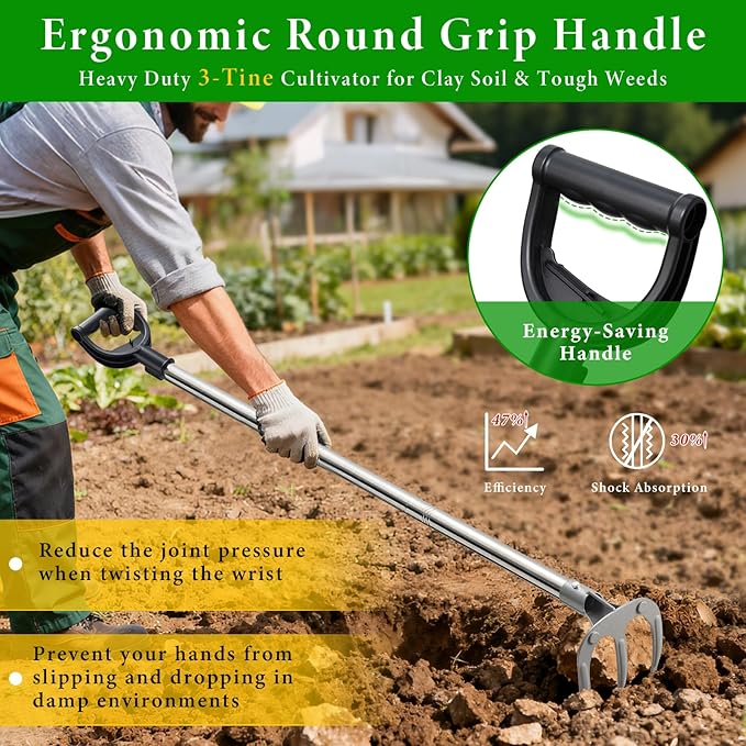 Garden Hand Cultivator Rake: 65" Long Handle Hoe Garden Tool with Ergonomic D Grip, Heavy Duty Iron 3-Tine Tiller Rakes for Gardening,Cultivating, Planting, Digging, Weeding
