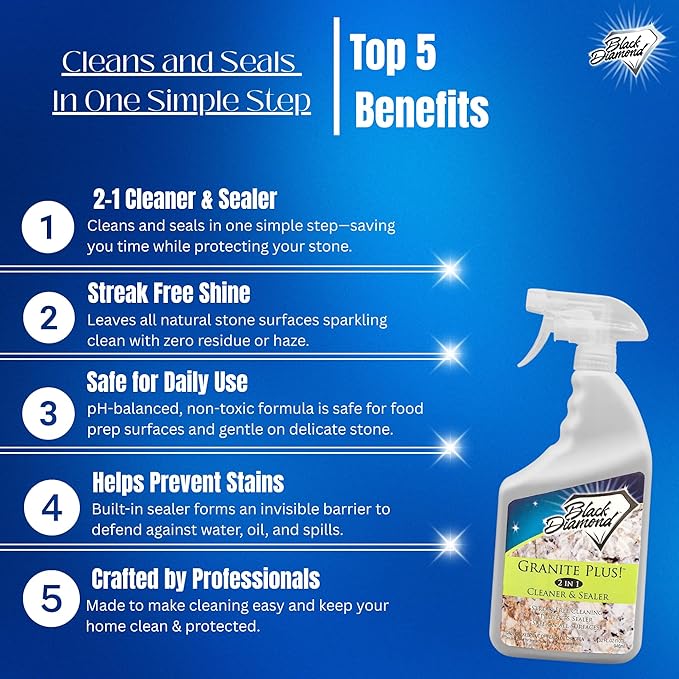 Black Diamond Stoneworks GRANITE PLUS! 2 in 1 Cleaner & Sealer for Granite, Marble, Travertine, Limestone, Ready to Use! (1-Quart/1-Gallon)