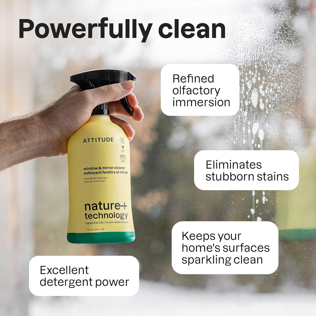 ATTITUDE Window & Mirror Cleaner Spray, Plant-Based Ingredients, EWG Verified, Streak Free, Removes Fingerprints, Dust and Dirt, Lavender & Rosemary, 26 Fl Oz