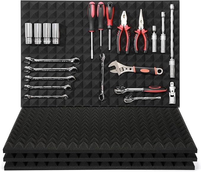 AIRTOON 4PCS Trap Mat Universal Tool Drawer Liners, Heavy Duty Toolbox Drawer Liners, Rolling Tool Chest Liner Foam, Non-Slip Organizer Liner for Toolbox, Cart, Work Bench, 23.62 x 15.75 Inches