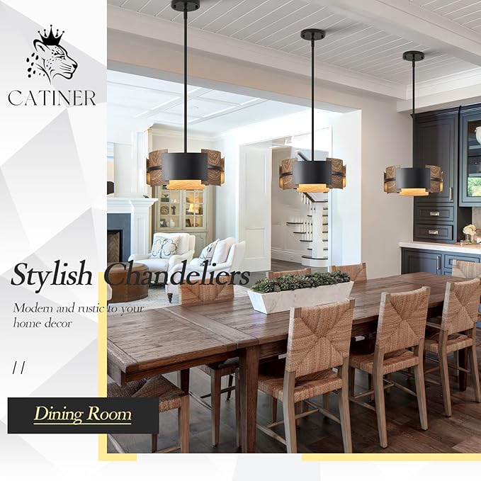 Industrial Drum Chandeliers, Modern Black Metal Pendant Lighting Walnut Wood Grain 4-Ligth Semi Flush Mount Chandelier 12" for Foyer Entryway Kitchen Hallway Dining Room