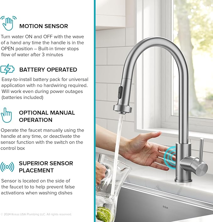 KRAUS Bolden Motion Sensor Single Handle Pull Down Touchless Kitchen Faucet in Spot-Free Stainless Steel, KSF-1616SFS