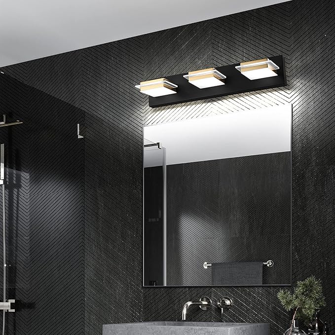 Bathroom Vanity Light Fixtures 3 Lights Dimmable LED Wall Sconce with Matte Black Finish Gold Metal Lampshade White Light 3000K-6000K,3 Color