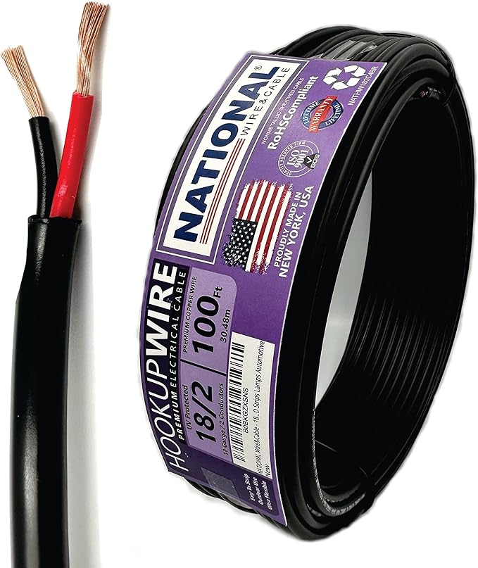NATIONAL Wire & Cable – 18 AWG 2-Conductor Premium Copper Wire, 100 ft, Stranded | Made in USA, Flexible Jacket | LED Strips, Electronics, Low Voltage, DIY Projects, Indoor and Outdoor Use
