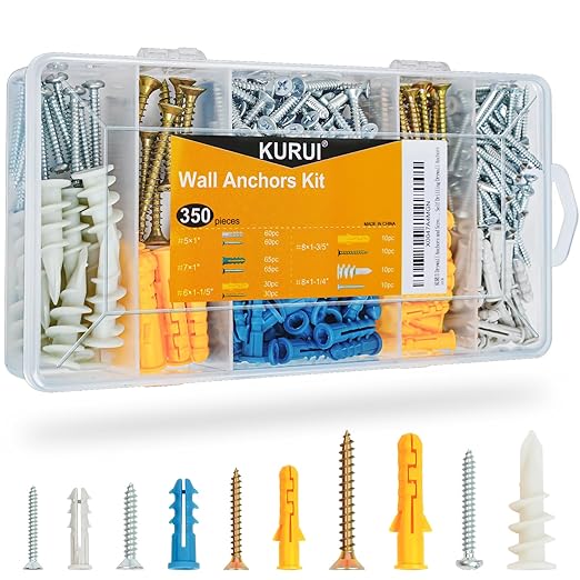 KURUI Drywall Anchors Assortment Kit for Sheetrock Concrete Brick, 350Pcs Wall Anchors and Flat Head Screws, 5 Sizes Picture Hanging Set for Bedroom/Office Wall Art Decor, House Warming Gifts New Home
