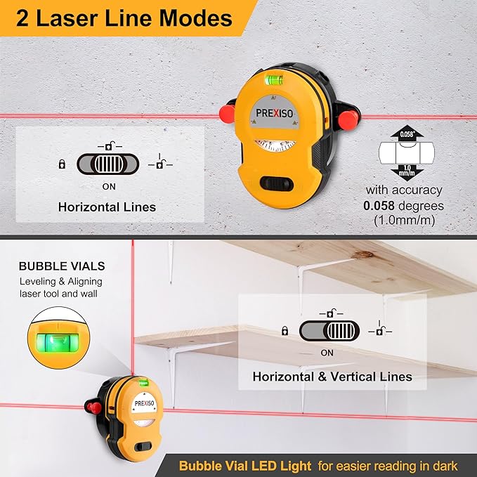 PREXISO Multi Surface Laser Level LED Light Vial, 30Ft Horizontal & Vertical Line Laser with Wall Mount Base, 2 Pins, 10 Sticker, 2 AA Batteries for Hanging Frames & Picture, Construction Wall Writing