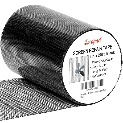 Black Window Screen Repair Tape, 4 in X 20 FT (240IN) Kit for Windows or Doors, Strong Adhesive Patch Fiberglass Mesh Repair
