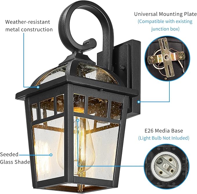 Front Porch Lights Outdoor Wall Lights Exterior Wall Sconce, Matte Black Exterior Light Fixtures with Seeded Glass Farmhouse Outdoor Lighting Fixtures for House Garage Porch Patio, 2 Pack