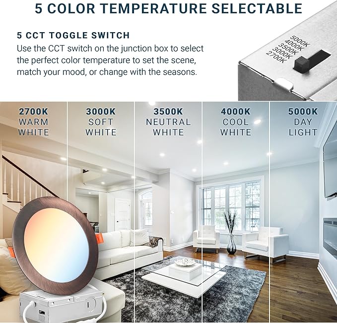 PARMIDA (6 Pack) 6 Inch 5CCT Ultra-Thin LED Recessed Lighting with J-Box, 2700K/3000K/3500K/4000K/5000K 5 Color Selectable, 12W, Dimmable, Canless Slim Panel Lights, ETL, Oil Rubbed Bronze Finish