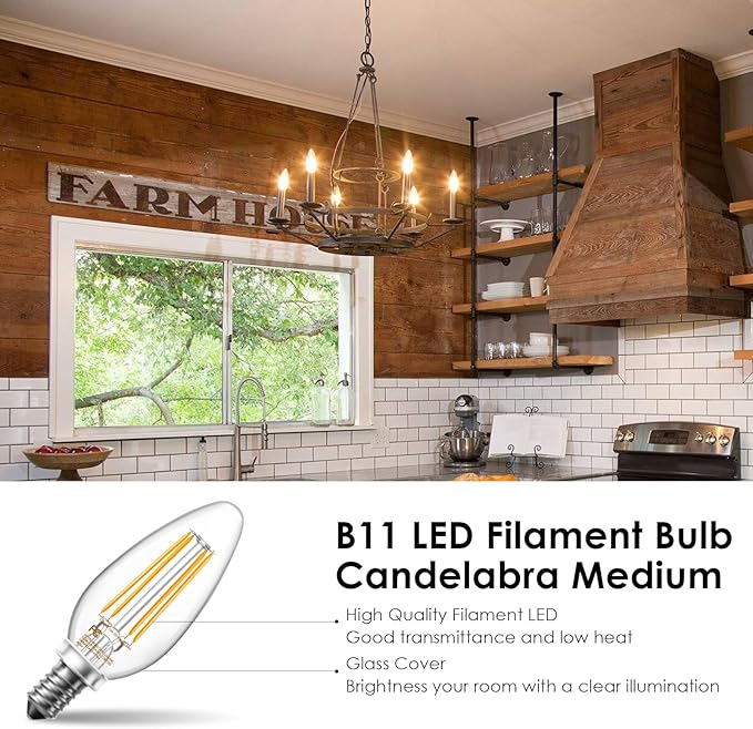 VOLIVO Dimmable E12 LED Candelabra Bulbs 60Watt Equivalent, 2700K Warm White, 500Lumens, 4.5W B11 Vintage Chandelier Light Bulbs, LED Filament Clear Glass Candle Lamp for Ceiling Fan Home, 12Pack