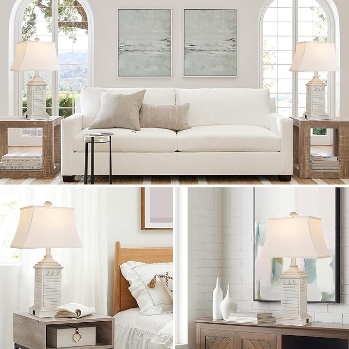 Hamucd Coastal Table Lamps Set of 2, Beach Living Lamps for Bedroom with USB A+C, Washed White Modern Resin LED 3-Color Temperature Bedside Nautical Decor, Nightstand Tropical Lamps for End Table.