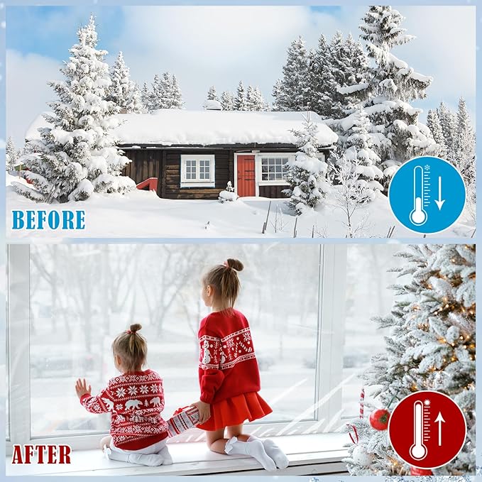 Window Insulation Kit, 63 × 394 Inch Plastic Window Coverings for Winter, Thicken Window Shrink Film Insulator Kit Windows Waterproof Winterizing with 5 Double-Sided Tape for 10 Pcs 3 x 5 Ft Windows