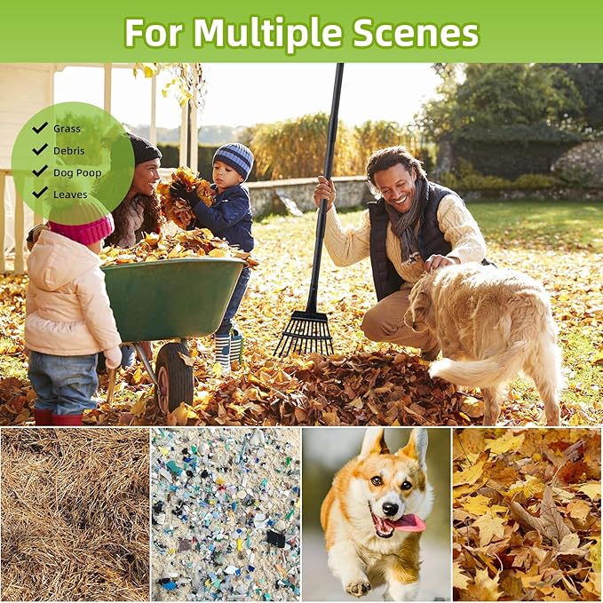 Small Rake for Gardening 63 Inch Adjustable Heavy Duty Garden Leaf Rakes Garden Tools 11 Metal Tines Small Garden Rake for Shrub Flower Bed Mulch Camping, Black