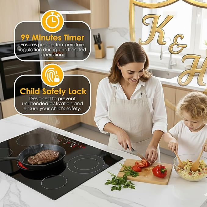 K&H 5 Burner 36 Inch Built-in Electric Stove Top Radiant Ceramic Cooktop Touch Control 240V 9600W CE36-10208