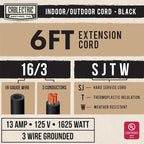 3 Pack 6 Ft Outdoor Extension Cord, Black 16/3 Heavy Duty Cable with 3 Prong Grounded Plug for Safety