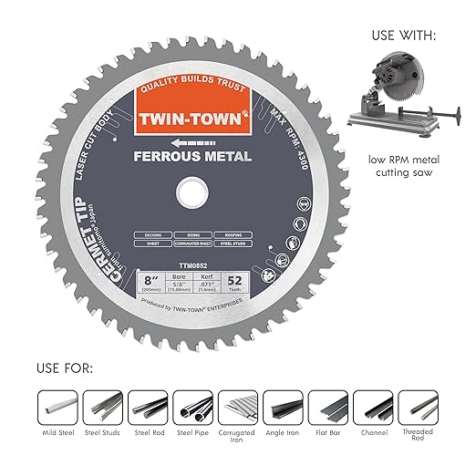 TWIN-TOWN 8 Inch 52 Teeth Dry Cut Steel and Ferrous Metal Cermet Saw Blade with 5/8-Inch Arbor