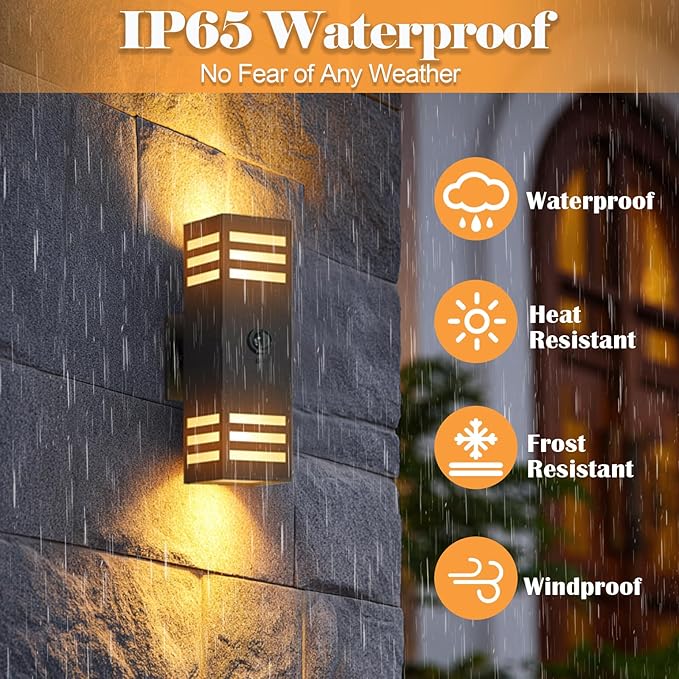 wowlite Motion Sensor Outdoor Lights 2 Pack, Dusk to Dawn Porch Light Outdoor Wall Sconce, 3 Lighting Modes Exterior Lighting Fixture Wall Mount Waterproof, Black Aluminum Outside Lights for House
