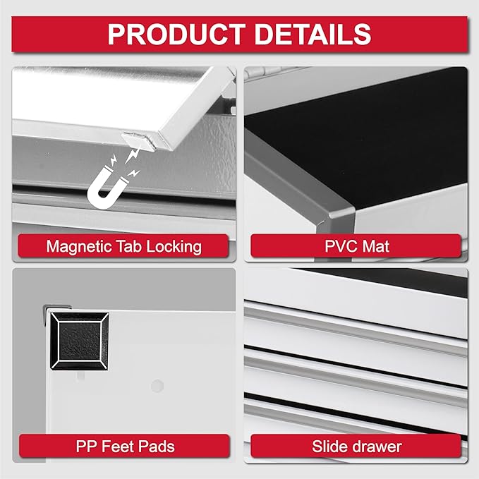 P.I.T. Mini White Tool Box, Portable 3 Drawer Steel Stackable Tool Box with Magnetic Tab Locking, White Micro Top Chest with Liner for Tools Storage and Organizers, Home DIY