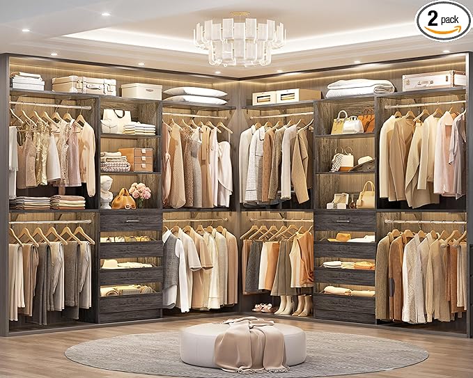 Aheaplus Closet System with Drawers Set of 2, Wood Closet Organizer System with 8 Hanging Rods & Top Shelves, Walk-in Closets Organizer Wardrobe Clothes Rack, Cut Fits Spaces 4-9FT. Wide, Black Oak