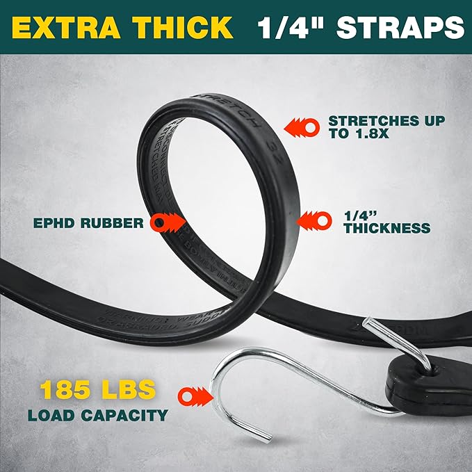 Bungee Cords with Hooks 21" 50 Pack, Heavy Long Duty Rubber Tarp Straps with Crimped S Hooks for Securing Cargo, Tarps in Extreme Weather, Max Stretch 1.5X & Max Load Capacity 185 LBS