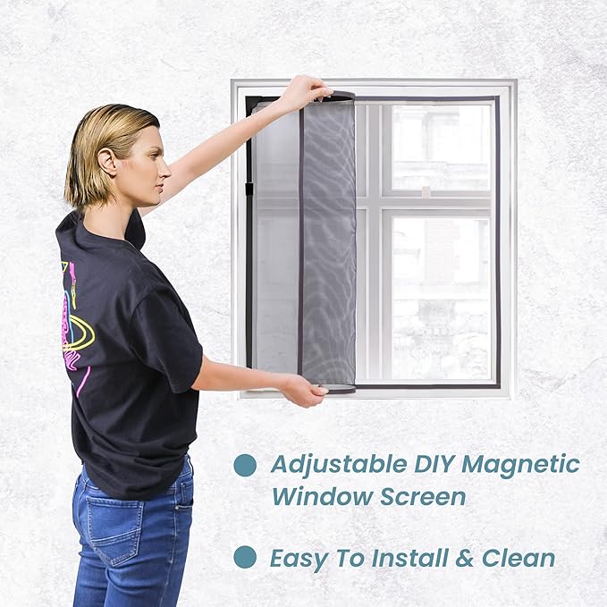 DIY Magnetic Window Screen Replacement Adjustable Mesh Screen with Magnets Fits 72"Hx48"W Black Frames with Grey Fiberglass Screen