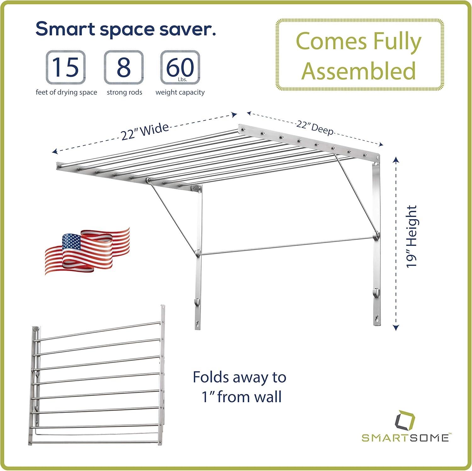 Smartsome | Wall Mounted | Clothes Drying Rack| 22" Wide |15 Linear Feet Capacity | 8 Smooth Round Stainless Steel Rods | 60 lb Capacity | Fully Assembled | Compact Sturdy Space-Saving Design