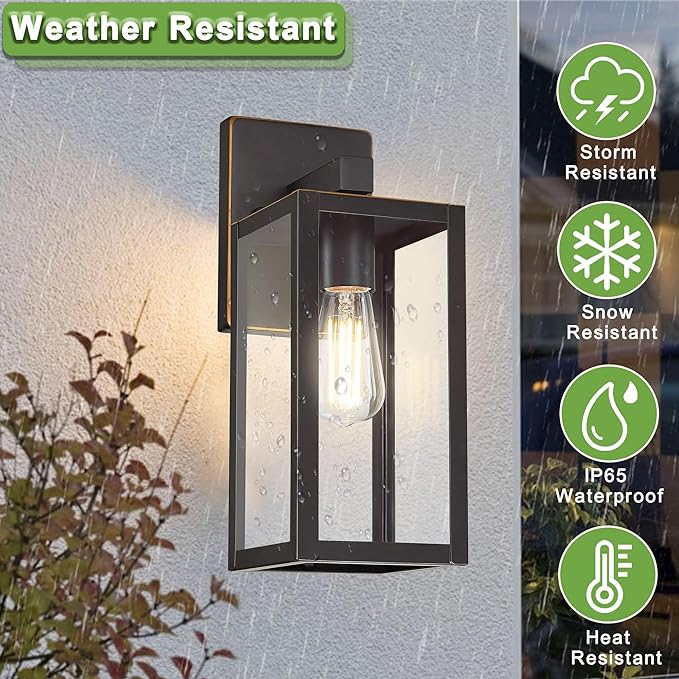 GRUENLICH Waterproof Large Outdoor Wall Lanterns, Modern Porch Sconces with Clear Glass Shade, E26 Socket Max 60W, IP65, Metal Frame, for Patio, Front Door, Entryway, Oil Rubbed Bronze Finish, 2-Pack