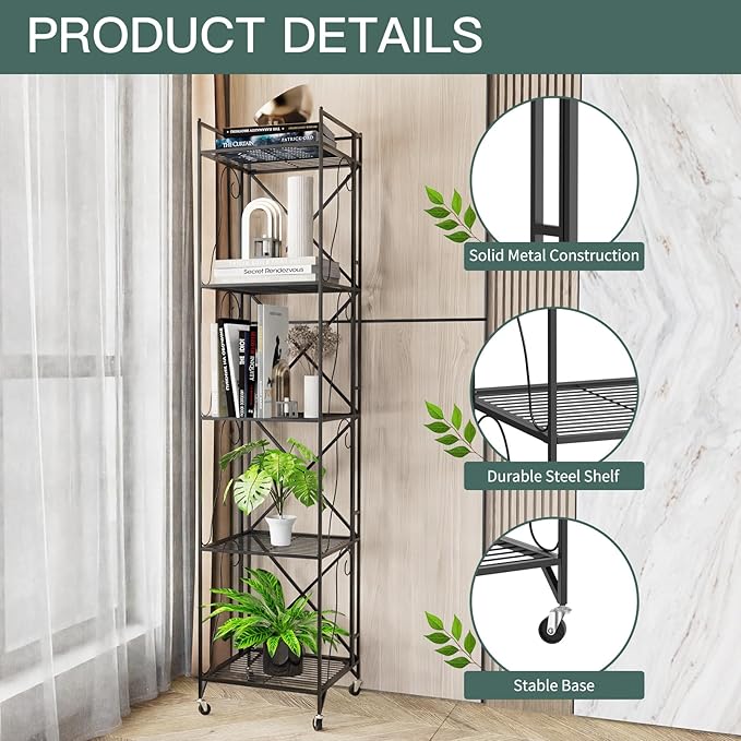 5-Tier Foldable Metal Wire Storage Shelf – No Assembly Required | 71" Tall x 16"x 16"| Space-Saving Organizer for Room, Dark Black