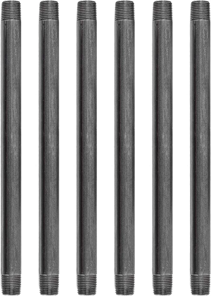 PIPE DÉCOR 1/2” x 12” Malleable Cast Iron Pipe Nipple, Pre Cut Connectors, Industrial Steel Grey Fits Standard Half Inch Black Threaded Pipes Nipples and Fittings, Build Vintage DIY Furniture, 6 Pack