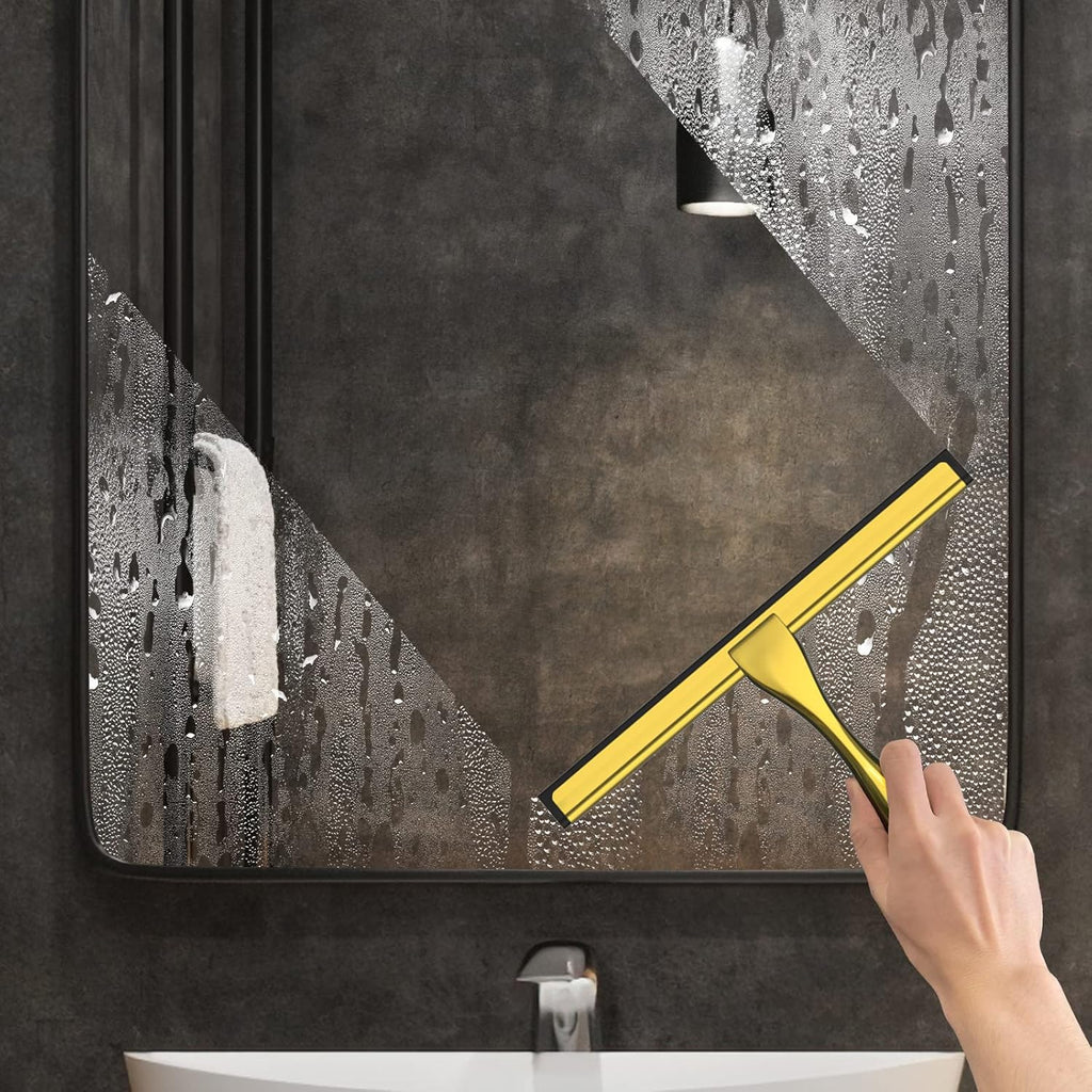 All-Purpose Stainless Steel Shower Squeegee for Shower Doors with 2 Adhesive Hooks, Bathroom Cleaner Tool Household Window Mirror Squeegee for Home Cleaning, Glass Door, Tile Wall, Car, 12 Inch Golden