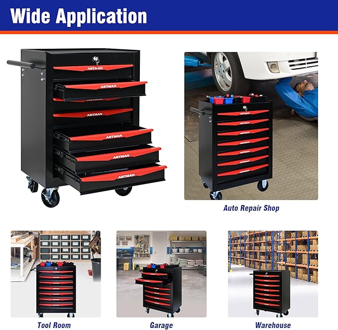 7 Drawers Rolling Tool Box on Wheels, Multifunctional Tool Chest Cabinet with Lock, Drawers Rolling Tool Cart Trolley Organizer Tool Storage Case for Warehouse,Garage,Workshop (Black&Red)