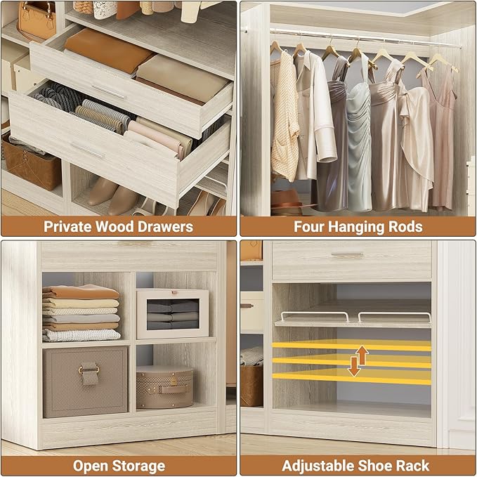 Unikito 86" Corner Closet System, Modular Closets Organizer with 4 Hanging Rods and Storage Shelves, Freestanding Wood Clothes Garment Rack with Drawers, Sturdy Walk in Closet Tower, White Oak