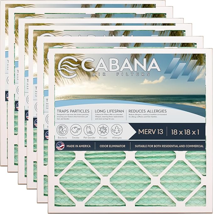 Cabana Filters 6-Pack 18x18x1 MERV 13 AC Furnace Air Filter for Home and Office - Indoor HVAC System Filtration Replacement, Captures Unwanted Particles