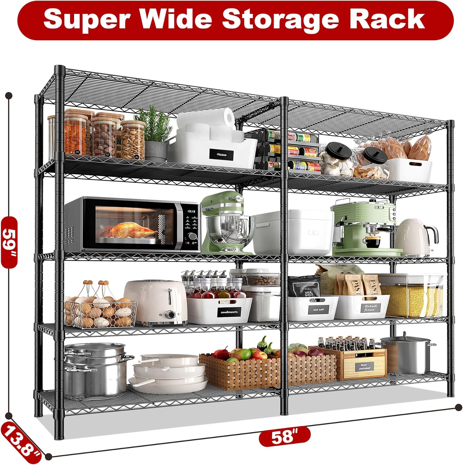 REIBII 5 Tier Wire Shelving Storage Shelves Loads 1430LBS, 58" W Metal Shelving for Storage Adjustable Shelving Unit Heavy Duty Garage Shelves Pantry Shelves Kitchen, Black