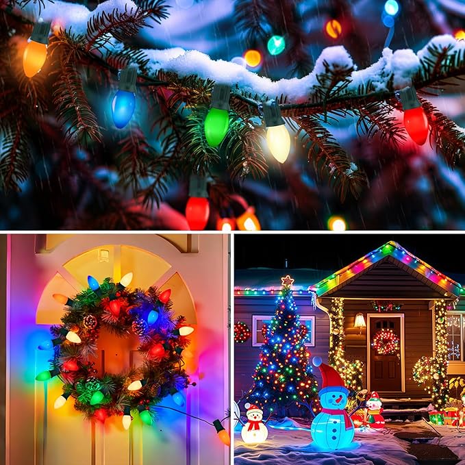 25FT C7 Christmas Decorations Lights, Vintage Christmas Lights String, Multicolor Christmas Tree Lights, Xmas Light for Outdoor Indoor Holiday Decorations with 27 Colorful Ceramic Bulbs (2 Spare Bulb)