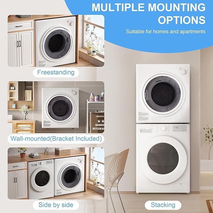 Elevon 1500W Portable Clothes Dryer, 3.5 cu.ft Electric Drying Machine for Laundry with Steel Tub for Apartment, Dorms, Compact Dryer for Small Space, Black/White